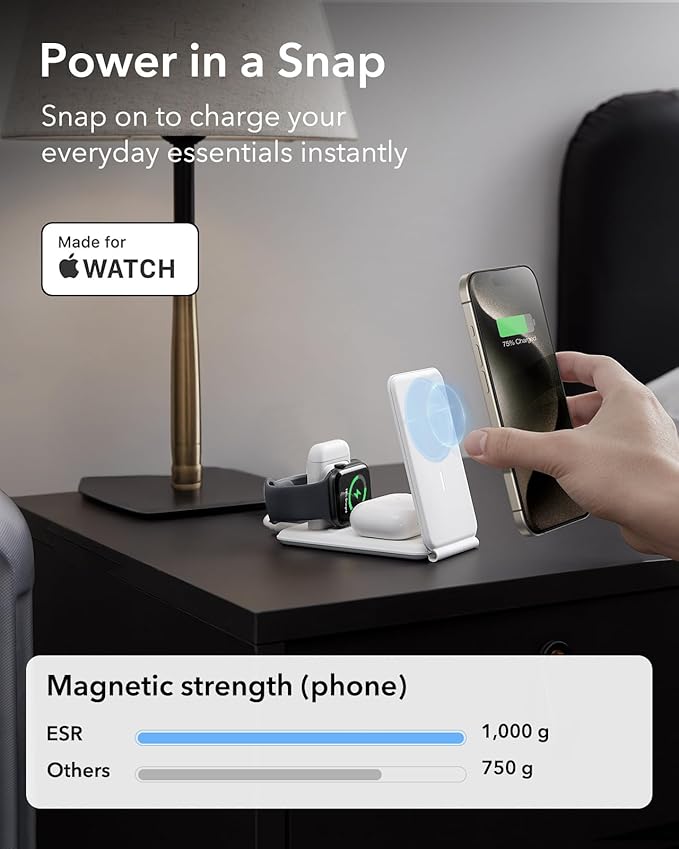 ESR 3 in 1 Charger for Magsafe Travel Charger Stand for Magsafe Made for Apple Watch Certified Foldable Charging Station Compatible with iPhone 17/16/15/14/13/12 AirPods Pro White