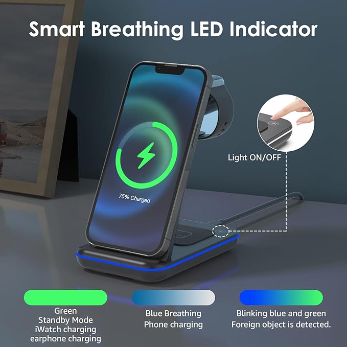 Minthouz Wireless Charger 3 in 1 Fast Wireless Charging Station with 20W Adapter for Multiple Devices Apple Watch AirPods Wireless Charger Stand Compatible with iPhone 14/13/12/11 Series
