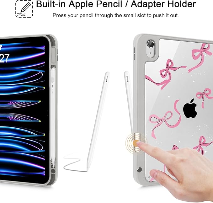 May Chen Case for iPad Air 13 Inch M4 2026 M3 2025 M2 2024 [Built-in Pencil Holder] Shockproof Cover with Clear Transparent Back Shell Auto Sleep/Wake Cover Khaki Bows