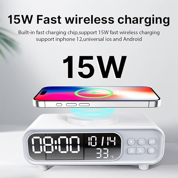 IHAO 5in1 Alarm Clock with Wireless Charging Night Light 15W Fast Charger for Phone and Headphone LED Digital Display with Date &amp Temperature Dimmable for Bedroom &amp Office-D15 Clock White