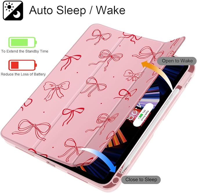 Case for iPad 11 inch A16 2025 Generation 11th / iPad 10.9 inch 2022 10th Gen Buit in Pencil Holder with Shockproof Cover Clear Transparent Back Shell Auto Wake/Sleep Pink Bows