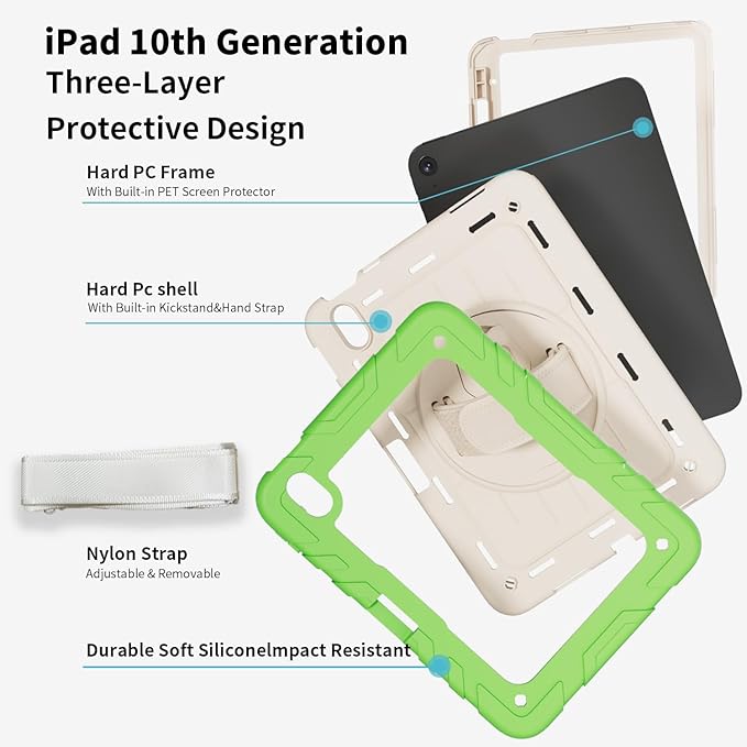 Case for iPad 10th Generation 10.9inch 2022with Built-in Screen Protector and KickstandHand StrapShoulder Strap for New Apple iPad 10.9 Inch (Green/Beige)