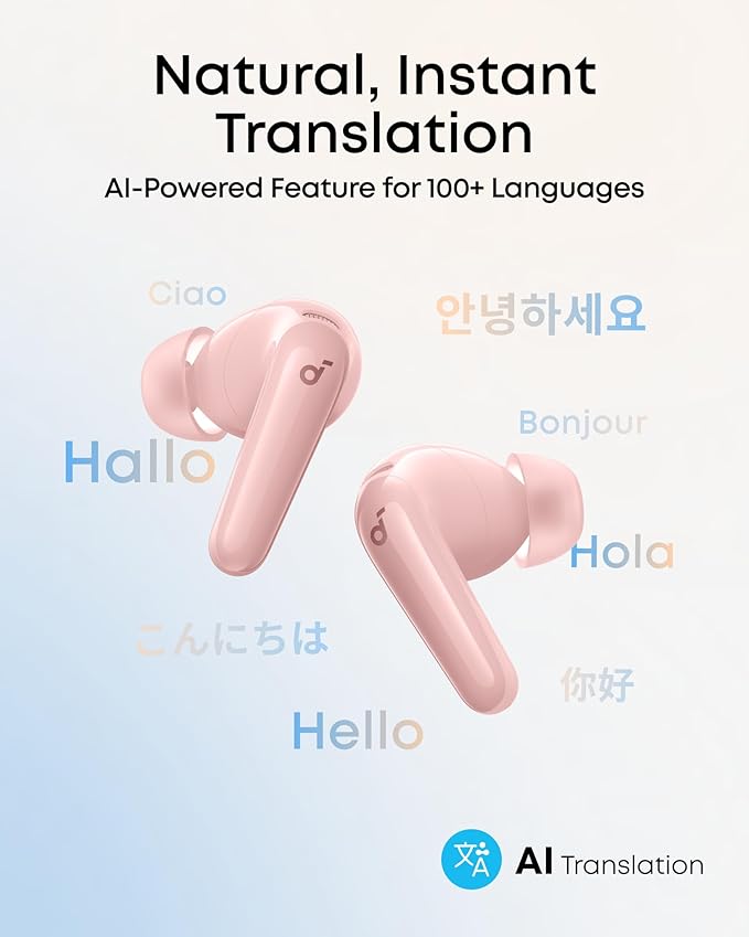 Soundcore P31i by Anker Real-Time Adaptive Noise Cancelling Hi-Res Sound Translation Earbuds 50H Playtime Wireless Earbuds Bluetooth Earphones Spatial Audio Fast Charging IP55 (Pink)