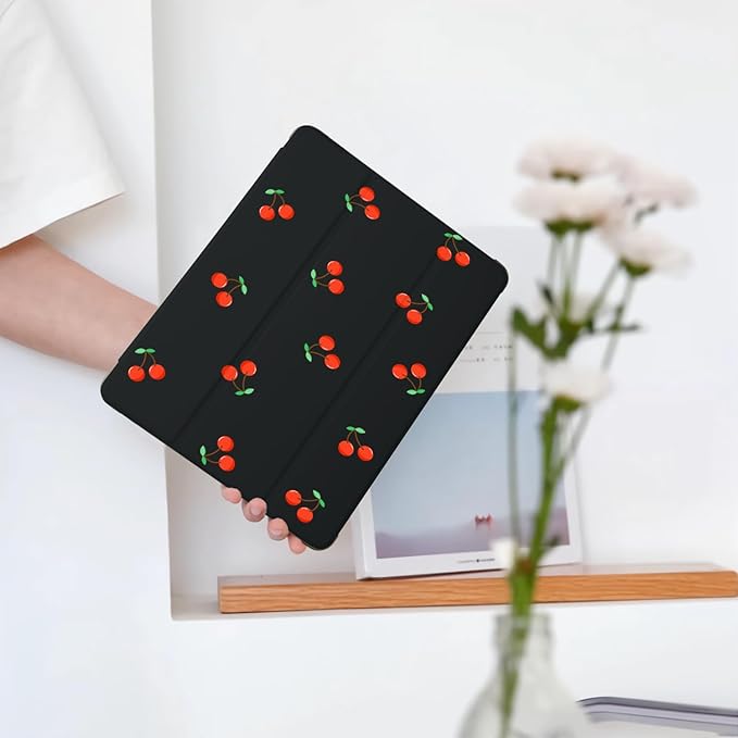 Cute Kawaii Cherry for iPad Pro 11 Inch Case 4th/3rd/2nd Generation 2022/2021/2020 with Pencil Holder Auto Sleep/Wake Black Leather Soft TPU Back Cover