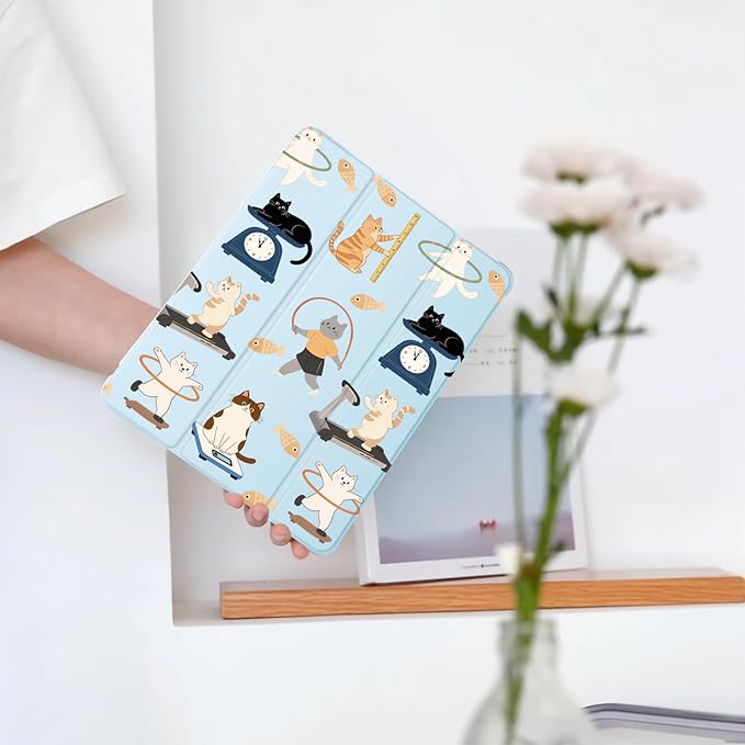 Cute Kawaii Kitten Cat for iPad 7th/8th/9th Generation Case with Pencil Holder Auto Sleep/Wake Blue Leather Soft TPU Back Cover for iPad 10.2 Inch 2019/2020/2021
