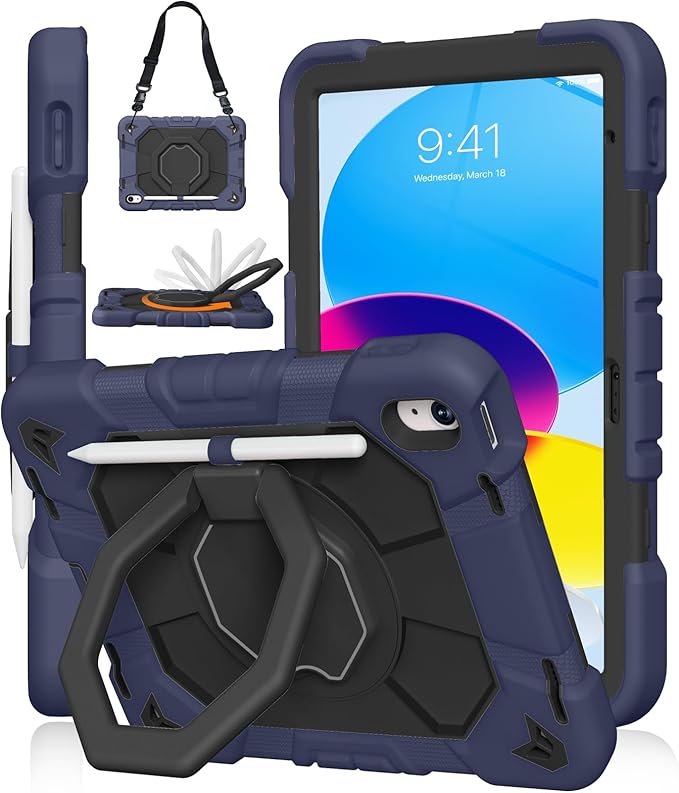 JKSML Case for iPad (A16) 11th/10th Gen | 360° Rugged Rotating Stand | Pencil Holder | Adjustable Shoulder Strap | Heavy Duty Drop Protective Cover for iPad 10.9 (2022)/ 11 (2025) - Navy Black