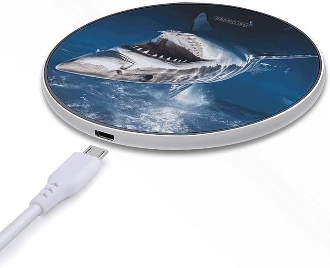 Great White Shark Opens Mouth Wireless Charger Fast Wireless Charging Pad with USB Cable 10W Anti-Slip Magnetic Wireless Charger Portable Slim Charger Puck Travel Charging Station