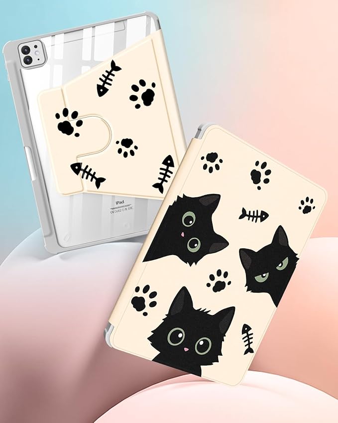 for iPad Pro M4/M5 Case 11 inch - 360 Degree Rotating Stand Folio Smart Cover with Pencil Holder for Women Girls Black Cats for iPad Pro 11 inch Case 2024 M4/2025 M5