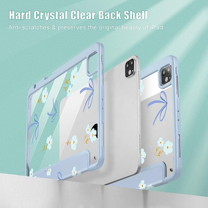 Mektron Case for iPad Pro 11 inch Case M2 2022 Generation 4th Fit 2021 2020 2018 iPad Pro 11 (3rd 2nd &amp 1st Gen) -Buit in Pencil Holder with Shockproof Cover Clear Shell Blue Bows &amp Flower