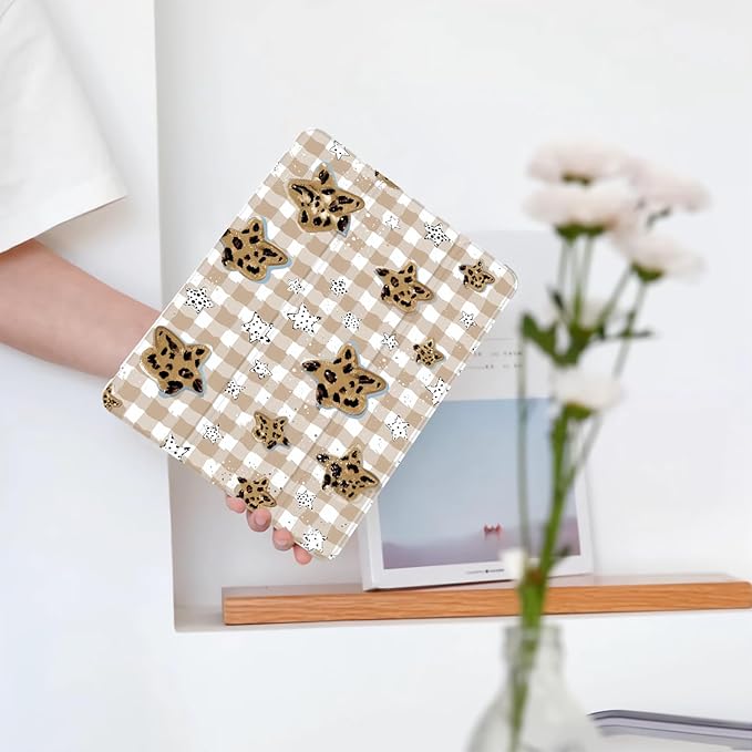 Cute Grid Star Checkered for iPad 5th/6th Generation Case with Pencil Holder Auto Sleep/Wake Leather Soft TPU Back Cover for iPad 9.7 Inch