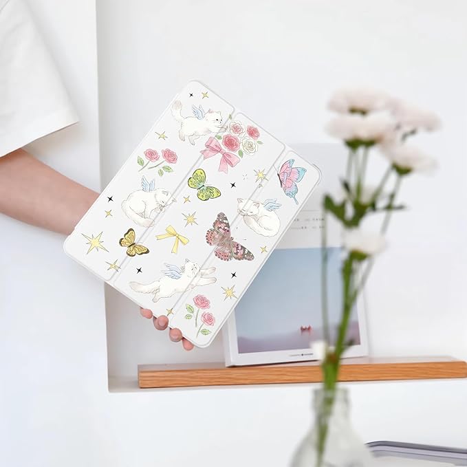 Cute Cat Kitten Butterfly for iPad Pro 13 Inch Case (M5/M4) 2025/2024 with Pencil Holder Auto Sleep/Wake White Leather Soft TPU Back Cover