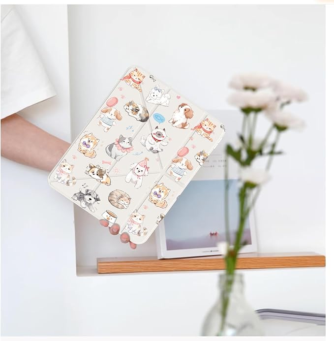 Cute Kawaii Puppy Kitten for iPad Pro 11 Inch Case (M5/M4) 2025/2024 with Pencil Holder Auto Sleep/Wake White Leather Acrylic Back Detachable Cover