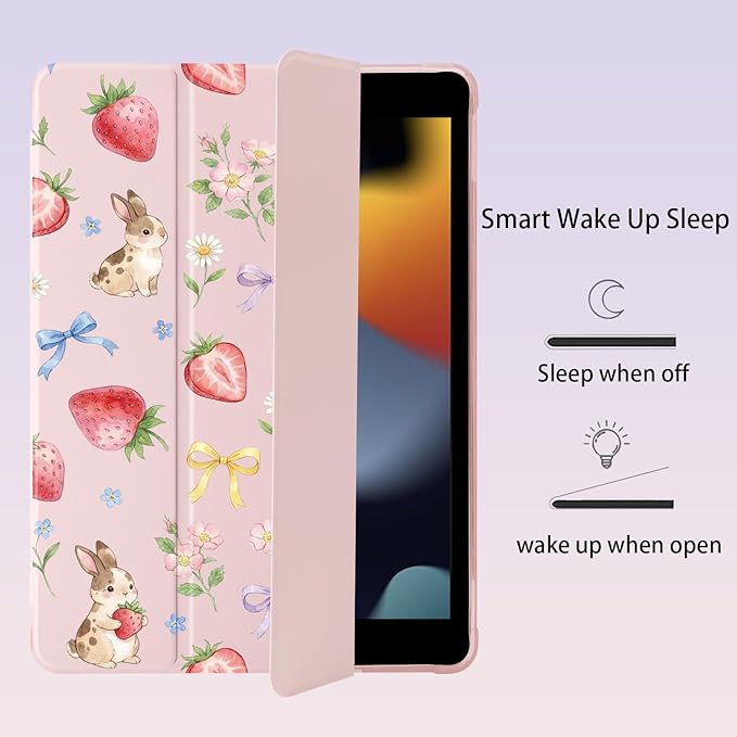 Cute Bunny Strawberry Bow for iPad Air5/Air4 Case with Pencil Holder Auto Sleep/Wake Pink Leather Soft TPU Back Cover for iPad 10.9 Inch 2022/2020