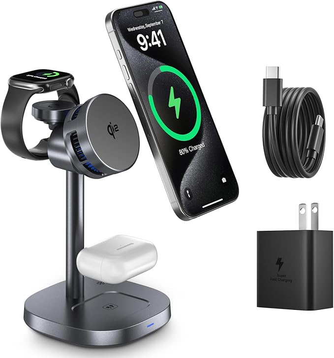 3-in-1 Magnetic Wireless Charging Stand rotatable Wireless Charger with Heat Dissipation Function Qi2 Certified 15W Charger Compatible with iPhone 17-12 Series Apple Watch and AirPods.