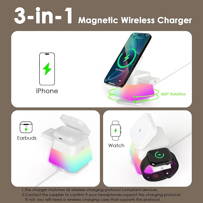 Minthouz 3 in 1 Charging Station for iPhone Wireless Charger for Apple MagSafe Charger with Night Light 360° Rotation Compatible with iPhone 16 15 14 13 12 Pro Apple Watch &amp AirPods Pro 4
