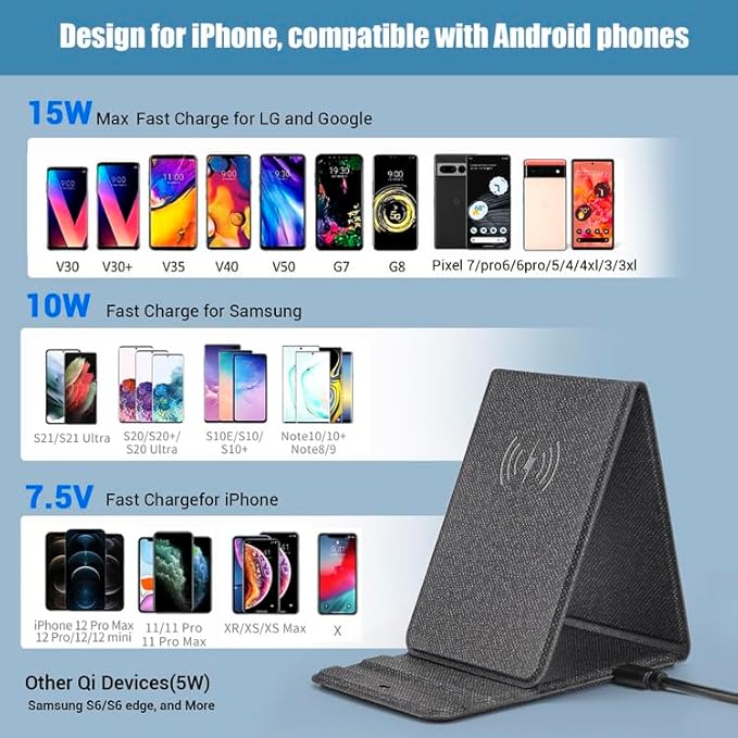 Portable Phone Holder Wireless Charger Foldable Phone Charger 15W Fast Mini Wireless Charging Compatible with iPhone 15 14 13 12 Pro XS 8 Plus Samsung Galaxy S23 S22 S21 Note 20 etc.