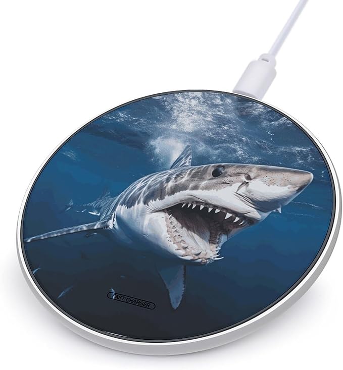 Great White Shark Opens Mouth Wireless Charger Fast Wireless Charging Pad with USB Cable 10W Anti-Slip Magnetic Wireless Charger Portable Slim Charger Puck Travel Charging Station