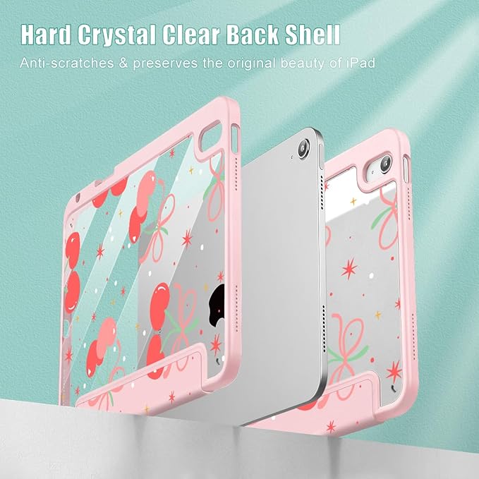 Tuiklol Case for iPad 11 inch (A16 Chip) 2025 Gen 11th / iPad 10.9 inch 2022 10th Gen Buit in Pencil Holder with Shockproof Cover Clear Transparent Back Shell Auto Wake/SleepEtro Cherry