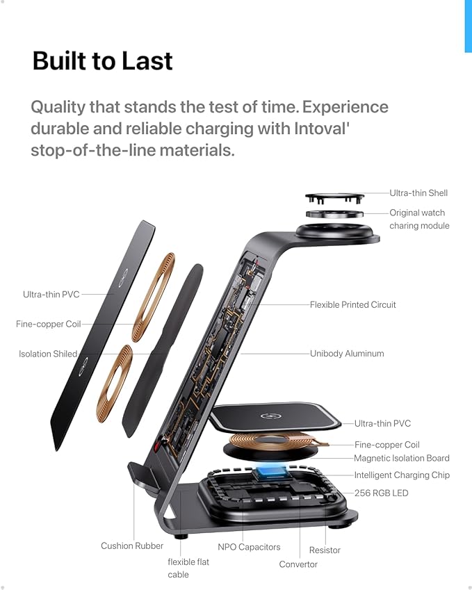 Intoval Aluminum 3 in 1 Wireless Charging Station for iPhone 17 16 15 14 13 12 11 Pro Max XR Wireless Charger for Apple Watch 11 10 9 8 7 Ultra SE 3 2 Phone Charger for AirPods 4 Pro 2 3 (Grey)