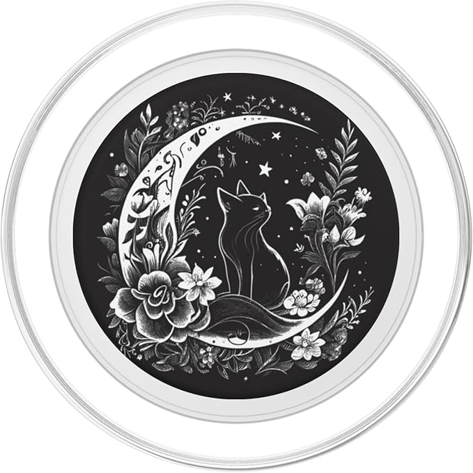Cat Sitting On Crescent Moon Flowers Stars Drawing Women PopSockets PopGrip for MagSafe