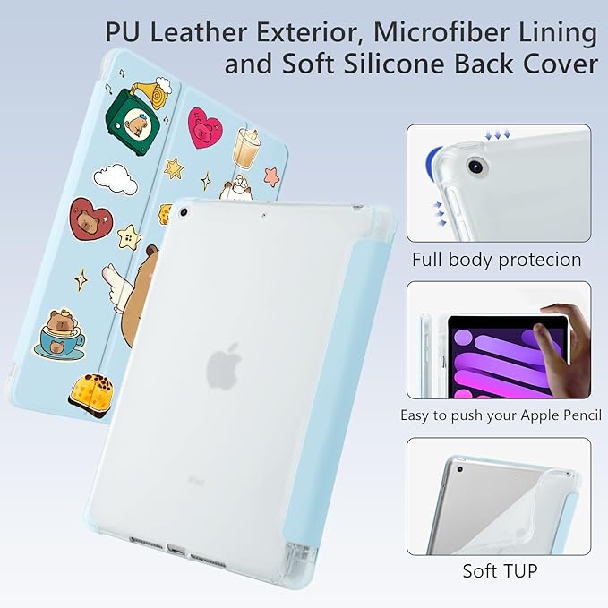 Cute Kawaii Capybara for iPad (A16) 11th Generation Case 11 Inch 2025 for iPad 10th Generation Case 10.9 Inch 2022 with Pencil Holder Auto Sleep/Wake Blue Leather Soft TPU Back Cover