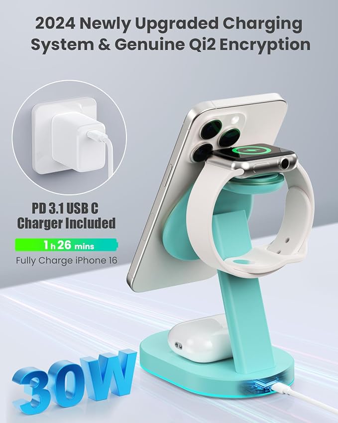 3 in 1 Wireless Charger Charging Station for iPhoneQi2 Certified 15W Magnetic Charging Stand for Mag-Safe with 30W USB C Adapter&ampFriendly Night Light for iPhone 16/15/14/13/12Apple WatchAirPods