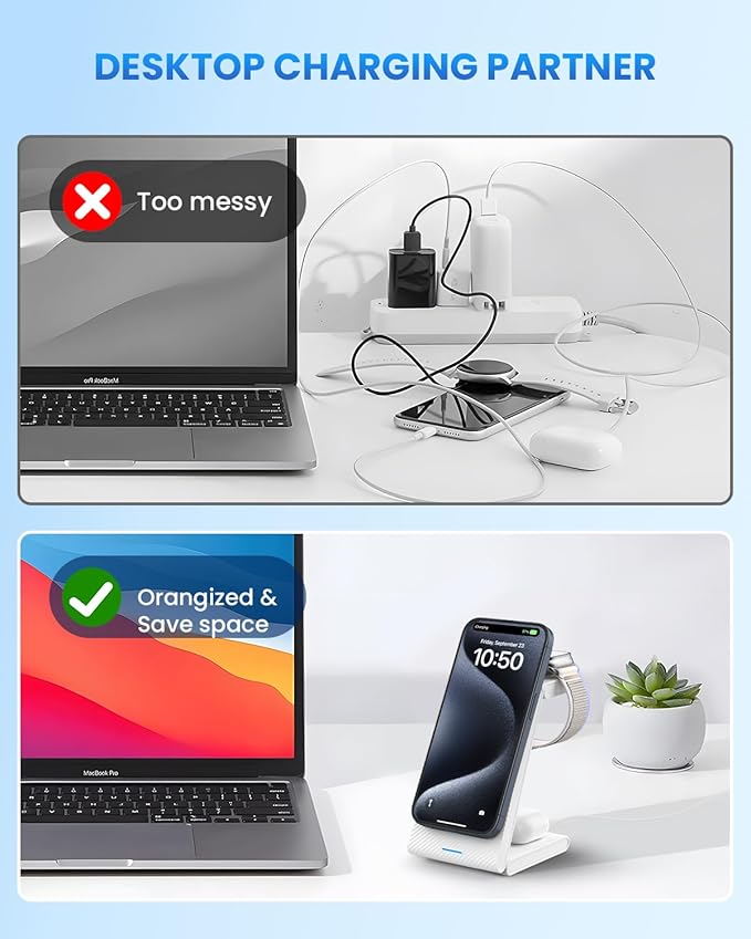 Wireless Charger Magnetic for Apple Devices - JoyGeek 3 in 1 Foldable Charging Station for Magsafe Compatible with iPhone 16 15 14 13 12 Pro Max Plus Apple Watch 10 9 8 7 6 5 4 SE AirPods 4/3/2/Pro