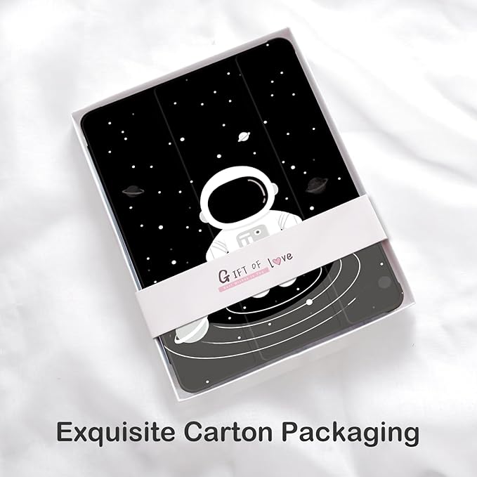 Cute Space Astronaut for iPad 5th/6th Generation Case with Pencil Holder Auto Sleep/Wake Black Leather Soft TPU Back Cover for iPad 9.7 Inch