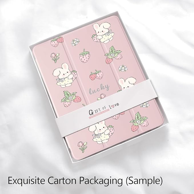 Cute Kawaii Bunny Strawberry for iPad Pro 11 Inch Case 4th/3rd/2nd Generation 2022/2021/2020 with Pencil Holder Auto Sleep/Wake Pink Leather Soft TPU Back Cover