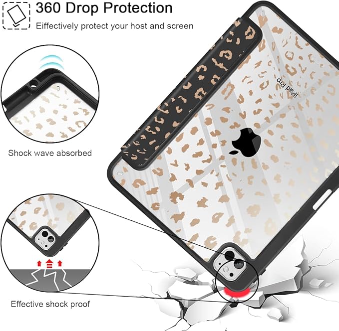 May Chen Case for iPad Pro 11-Inch M5/M4 2025/2024 (6th/5th Generation) Clear Transparent Print Back Shell Slim Stand Shockproof Tablet Cover Auto Wake/Sleep Leopard Print