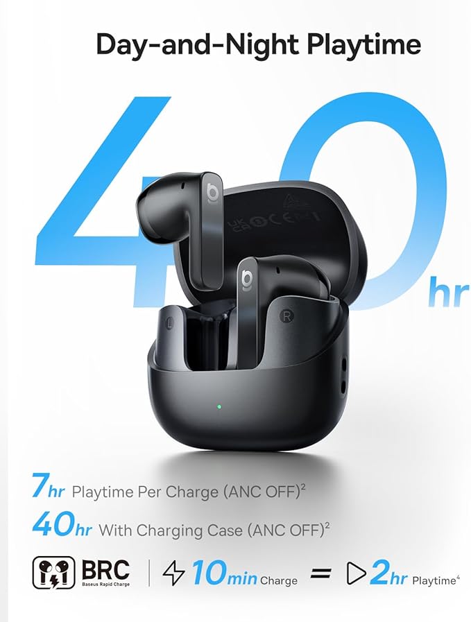 Baseus BS1 NC Semi-in-Ear Noise Cancelling Earbuds with Adaptive Hybrid ANC No Ear Pressure Hi-Res Audio (LDAC) 40H Playtime 4g Ultra-Lightweight Fit 6-Mic AI Clear Call