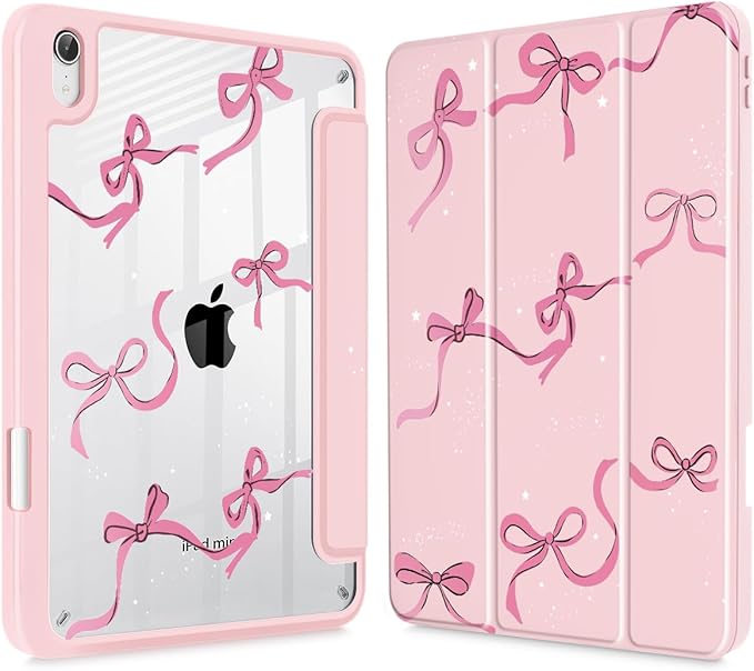 May Chen Slim Case for iPad mini 7 (A17 Pro 7th Generation) 2024 / iPad mini 6 (6th Gen) 8.3 Inch [Built-in Pencil Holder] Shockproof Cover Clear Clear Back Shell Auto Wake/Sleep Pink Stars Bow