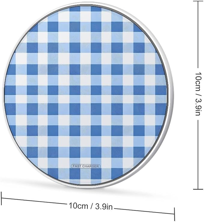 Blue and White Plaid Checkerboard Phone Charger Magnetic Charging Pad Anti-Slip with USB Cable