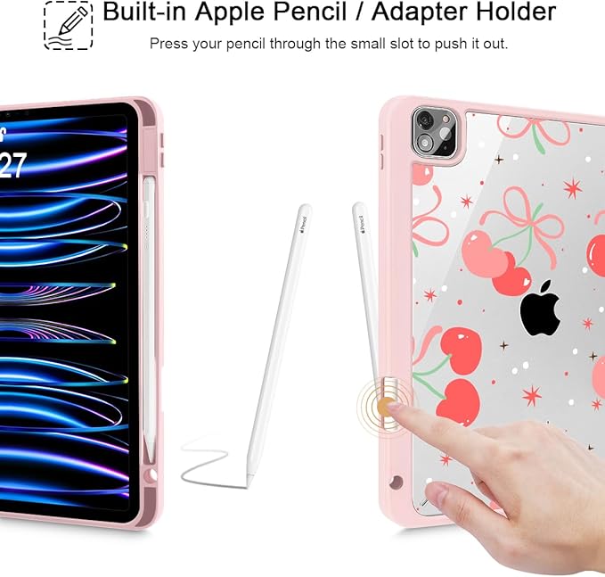 May Chen for iPad Pro 11 inch M2 4th Generation 2022 iPad Pro 11 3rd/2nd/1st Gen Built-in Pencil Holder with Shockproof Cover Clear Transparent Back Shell Auto Wake/Sleep Coquette Cherry
