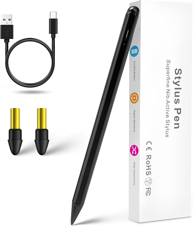 iPad 10th/9th/8th Generation 10.2 Stylus Pencil with Palm RejectionType C Charge 1.5mm POM Tip Active Drawing Writing Pen Compatible with Apple Pencil for iPad Pen 10.2-Inch 10th/9th/8th Black