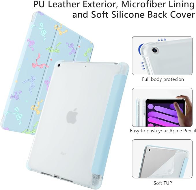 Cute Kawaii Colorful Bow for iPad Pro 13 Inch Case (M5/M4) 2025/2024 with Pencil Holder Auto Sleep/Wake Blue Leather Soft TPU Back Cover