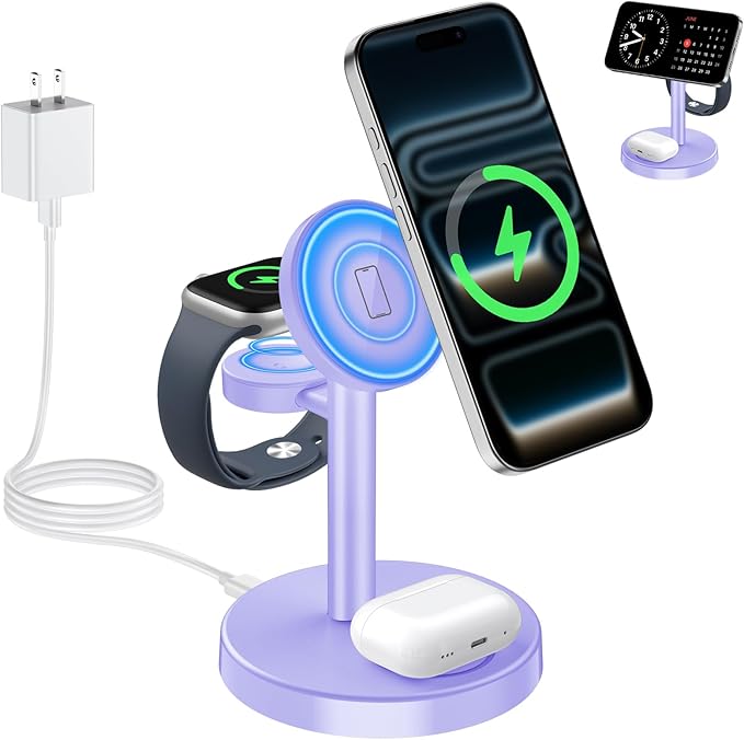 2026 3 in 1 Wireless Charging Station Compatible with MagSafe 15W Fast Magnetic Mag-Safe Charger Stand for Apple iPhone 17 16 15 14 13 12 Series iWatch AirPods Pro 4 3 2 Purple