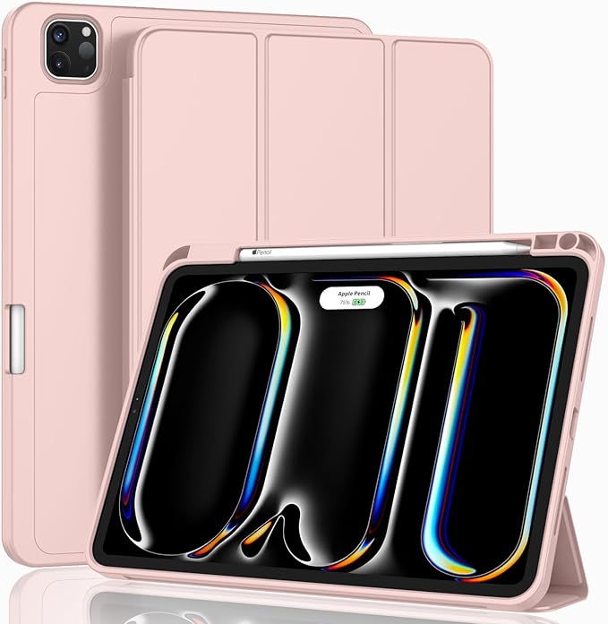 ZryXal New iPad Pro 13 Inch Case (M5) 2025 / (M4) 2024 with Pencil Holder Smart iPad Case [Support Pencil Pro and Pencil (USB-C)] Support Touch ID and Auto Wake/Sleep (Rose Pink)