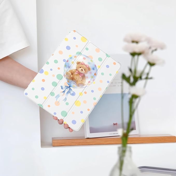 Cute Kawaii Bear Polka Dot for iPad Air 3 Case with Pencil Holder Auto Sleep/Wake White Leather Soft TPU Back Cover for iPad Pro 10.5 Inch 2017