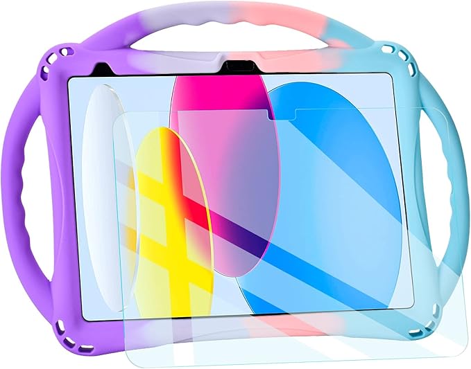TopEsct Kids Case for iPad (A16) 11th Gen 11 2025 iPad 10th Gen 10.9 2022 with Tempered Glass Screen Protector Silicone Shockproof Case Comes with Strap (Purple&ampTurquoise)