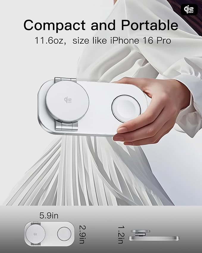 3-in-1 Charging Station for Apple Device Qi2 25W Certified Magnetic Wireless Foldable Fast Charger Stand Compatible with MagSafe for iPhone 17e/17/16/15/14/13/12/Air Series Apple Watch &amp AirPods