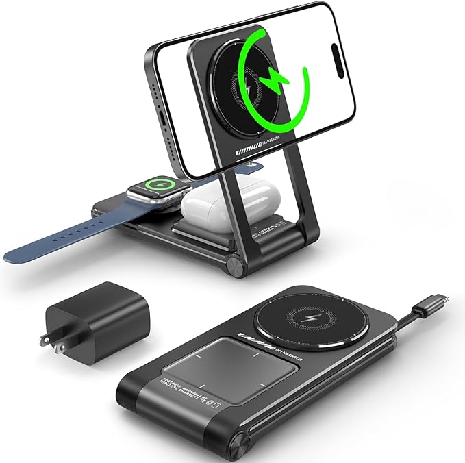 3 in 1 Magnetic Wireless ChargerFoldable Charging Station Built-in Retractable Cable15W Portable Wireless Charging Stand for iPhone 16 15 14 13 12Apple WatchAirPods (20W Adapter) (Black)