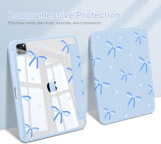 Teryeefi for iPad Air 11-Inch Case M4 M3 M2 (2026 2025 2024) iPad Air 4th/5th Generation iPad Pro 11 in 4th/3rd/2nd/1st Generation - Clear Back Cover with Pencil Holder Auto Wake/Sleep-Blue Bows