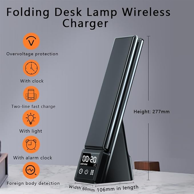 IHAO 6in1 Multifunctional Foldable LED Desk Lamp with Wireless Charger Digital Alarm Clock Eye-Care Lighting 3 Color Modes 15W Qi Charger for Phone/Headphones Apple Watch Compatible-Black