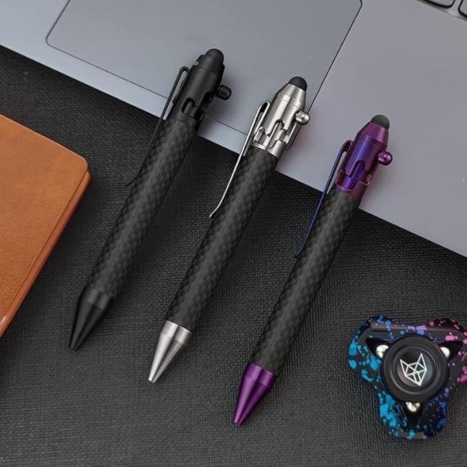 Cool Hand 4.9'' Carbon Fiber Bolt Action Pen with Retractable Stylus Tip for Any Touch Screen Ballpoint Ink Refillable Compact Size Skelton Out Deep Pocket Clip (Carbon Fiber Purple)