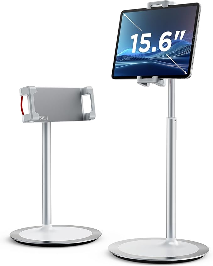SAIJI Tablet Stand Holder Extra-Height Adjustable Kindle Stand 360 Degree Rotating iPad Holder Aluminum Alloy Cradle Mount Dock for 4.7-15.6 iPhone Samsung Tablets Portable Monitor (Silver)