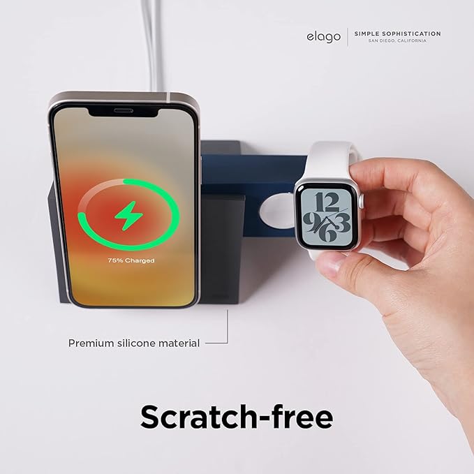 elago Charging Station Compatible with iPhone 17/16/15/14/13/12 Series Compatible with MagSafe Compatible with Apple Watch Series - Chargers are NOT Included [Dark Grey/Jean Indigo]