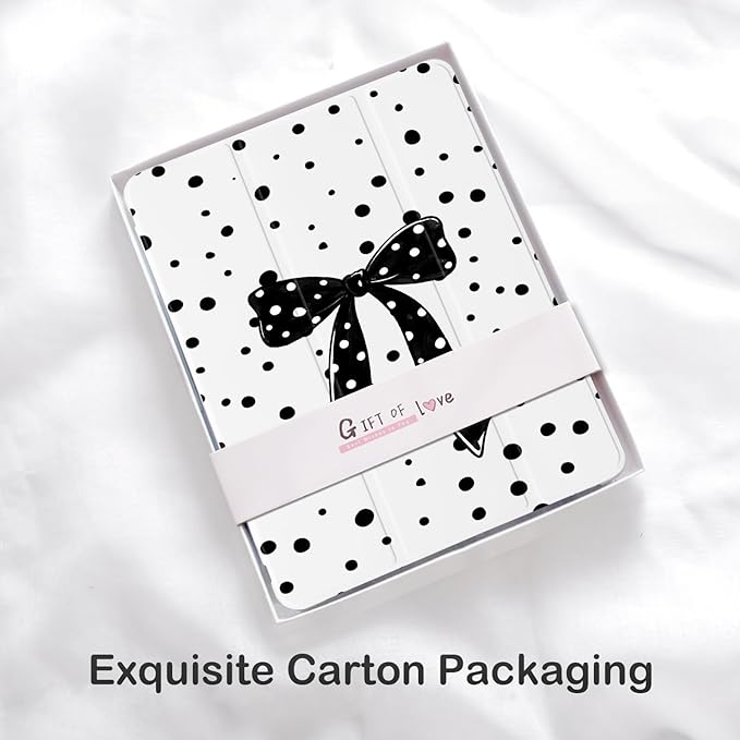 Cute Black Bow Polka Dot for iPad mini 7 A17 Pro 2024/iPad Mini 6 Case with Pencil Holder Auto Sleep/Wake White Leather Soft TPU Back Cover