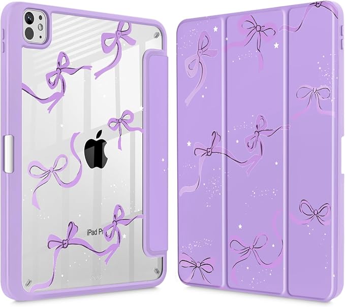 May Chen Case for iPad Pro 11-Inch M5/M4 2025/2024 (6th/5th Generation) Clear Transparent Print Back Shell Slim Stand Shockproof Tablet Cover Auto Wake/Sleep Purple Bows