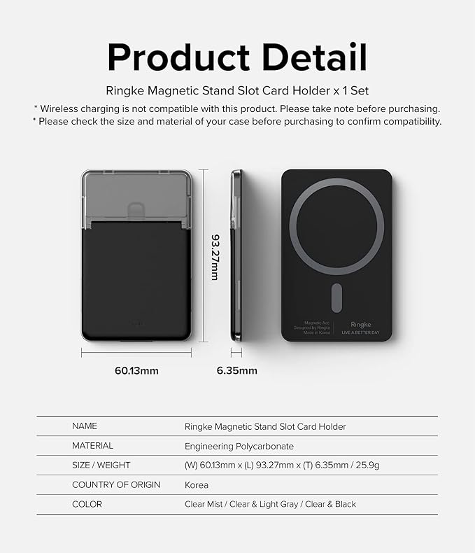 Ringke Magnetic Stand Slot Card Holder [Phone Wallet + Stand] ID &amp Credit Card Holder for Phone Case Magnetic Card Wallet Compatible with Magsafe iPhone 13 12 Pro Max Mini - Clear &amp Black